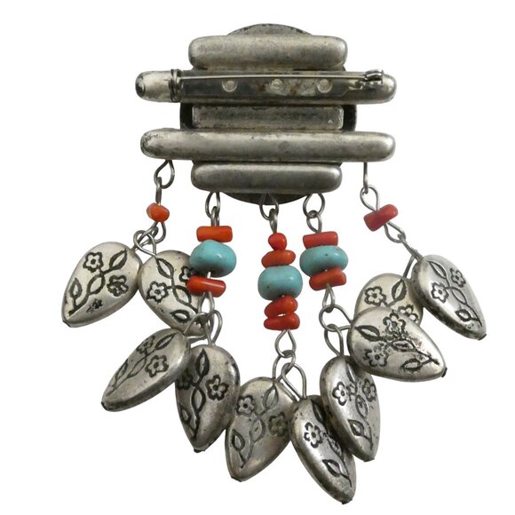 Western dangle brooch faux coral & turquoise - Picture 2 of 5
